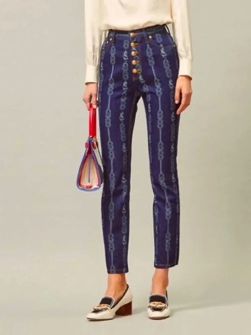 Tory Burch NWT Gemini Link Bloom Jacquard Denim Pant (30)